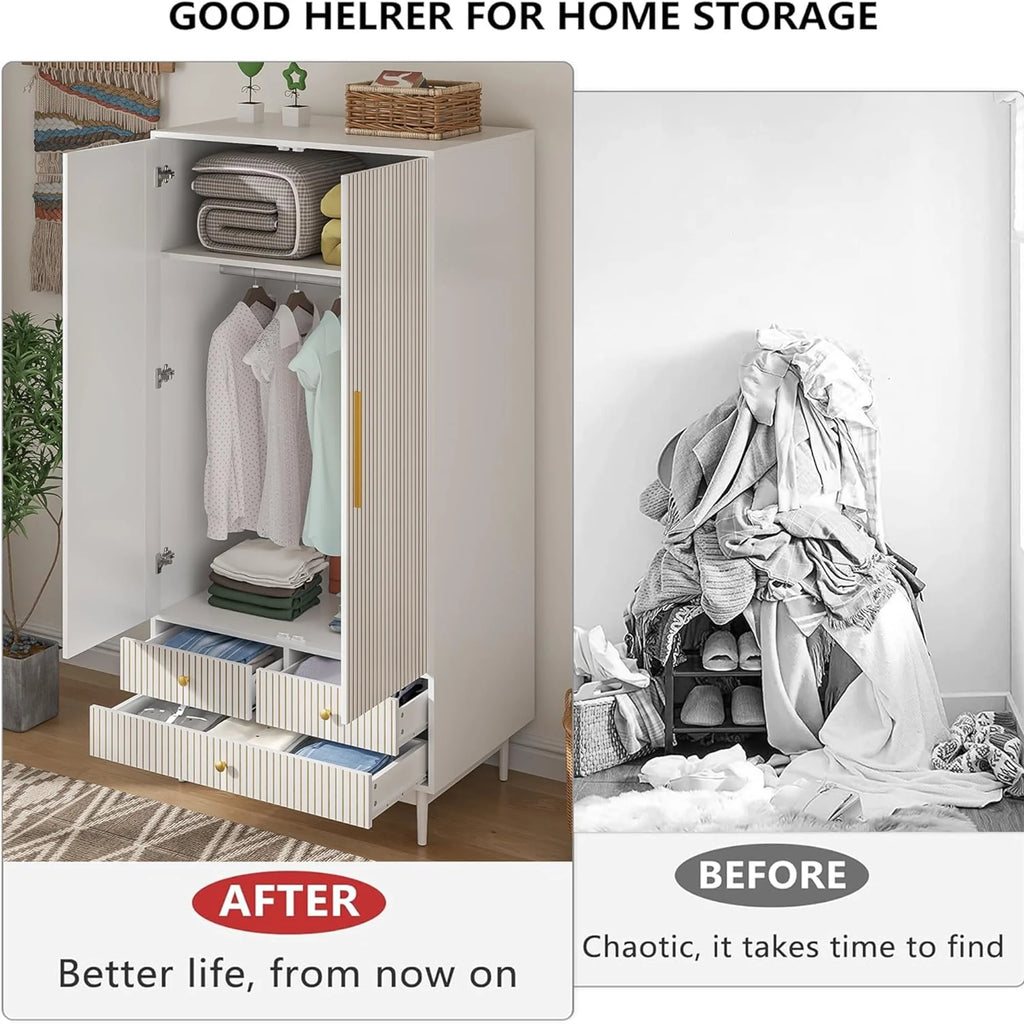 Oubayajia Wardrobe Armoire Closet, 2 Fluted Doors Wardrobe Cabinet with 3-Drawer and Hanging Rod, Wood Wardrobe Storage for Bedroom