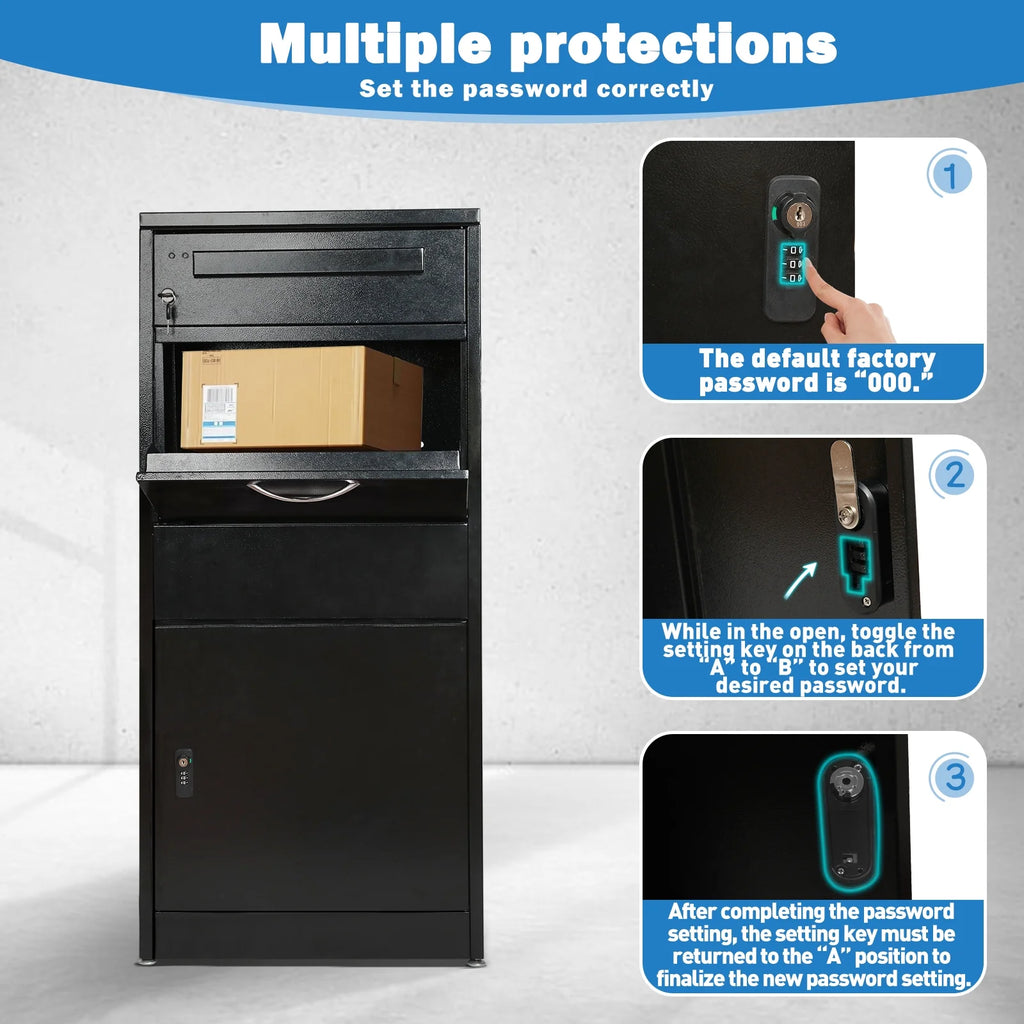 Gaonala Steel Package Delivery Box 19.6x14.4x44.9in Lockable Anti-Theft  Weather-Resistant Extra Large Mailbox For Porch Curbside Black