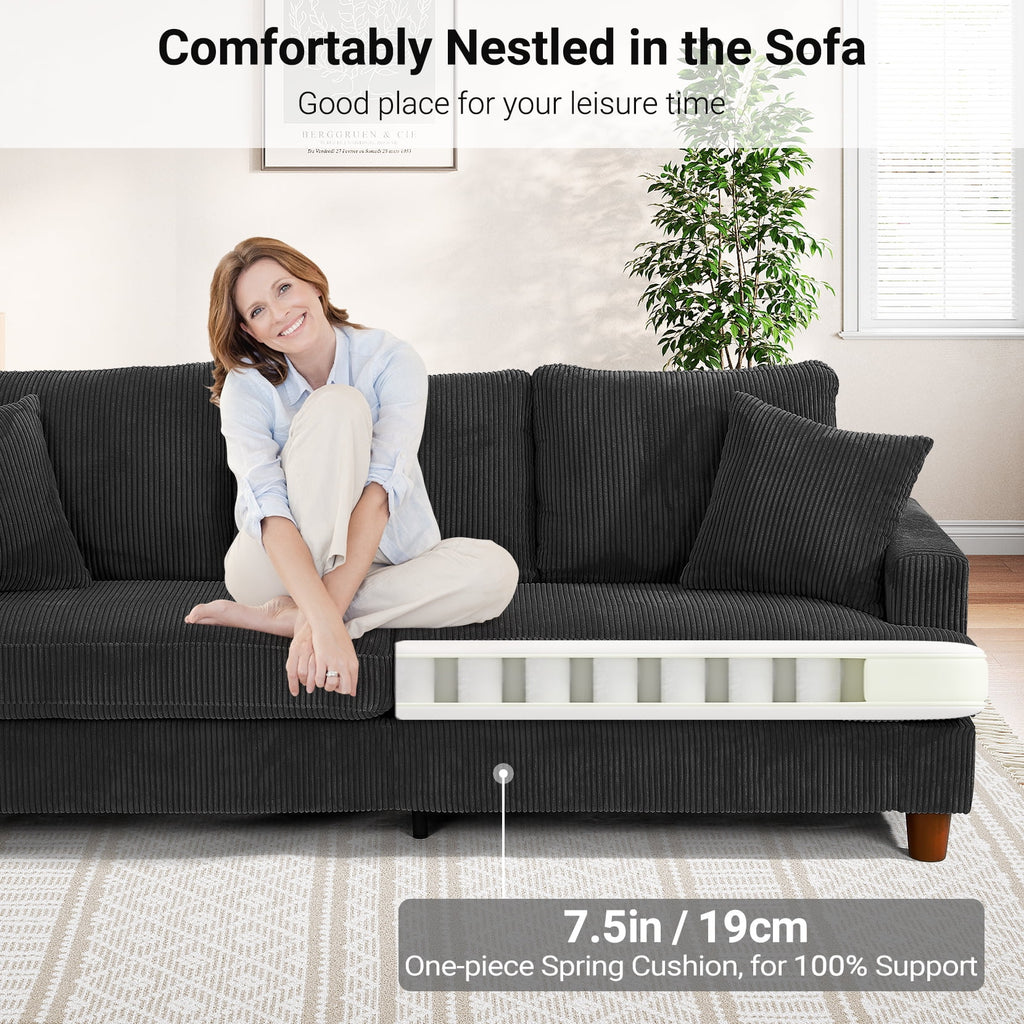 87" Corduroy Sofa,3 Seater Sofa with Extra Deep Seats,Neche Comfy Upholstered Couch for Living Room,2 Pillows,Green