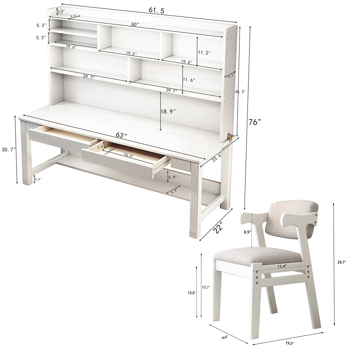 BALANBO Solid Wood Kids Desk and Chair Set with Hutch,Study Computer Desk with Drawers, Extra Large Two Person Study Desk Writing Table, Student White Desk with Bookshelf for Bedroom,Study Room,White