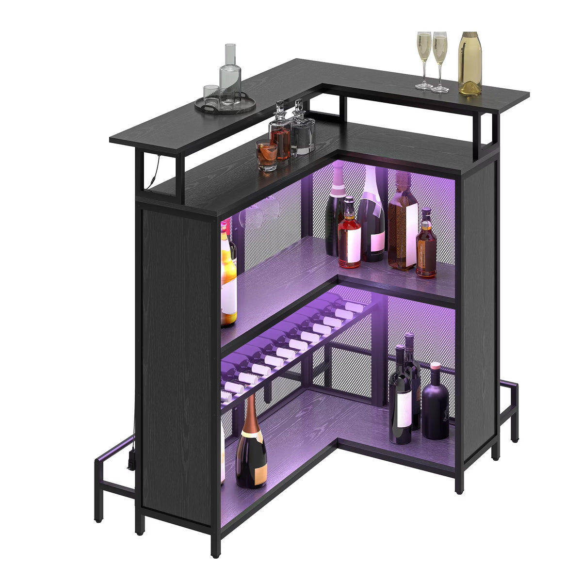 DEXTRUS 5 Tier Home Bar Unit, 43" Wine Cabinet with LED Lights, Mini Liquor Bar with Wine Rack and Footrest, Black