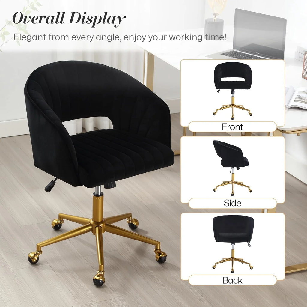 Home Office Swivel Desk Chair, Modern Velvet Vanity Chair, Height Adjustable Armchair with Gold Base, Ergonomic Office Chair for Task Study Computer Room, Beige