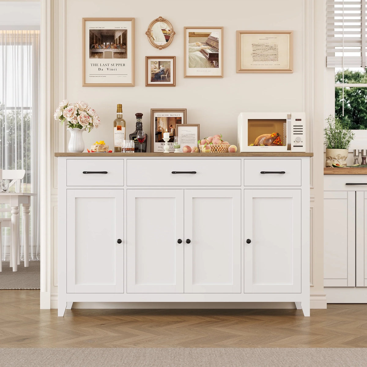 Hiphuta 55"Wide Buffet Cabinet with 2 Adjustable Shelves, Modern Farmhouse Coffee Bar with 3 Drawers and Sturdy Base for Living Room, White