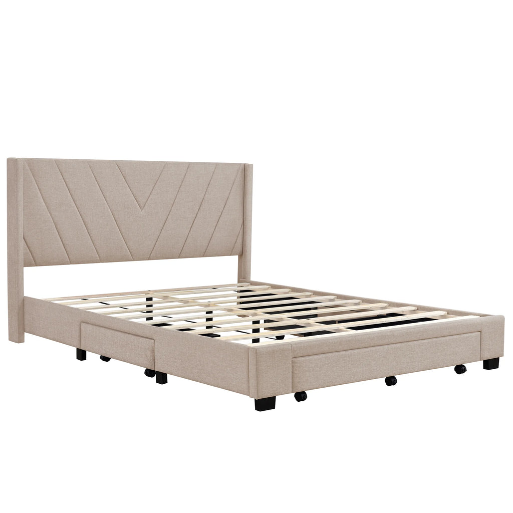 Sesslife Queen Bed Frame with Storage, New Upgraded Linen Upholstered Platform Bed with 3 Drawers, Queen Size Storage Bed with Headboard and Wooden Slats, No Box Spring Needed, Holds 500lbs, Beige