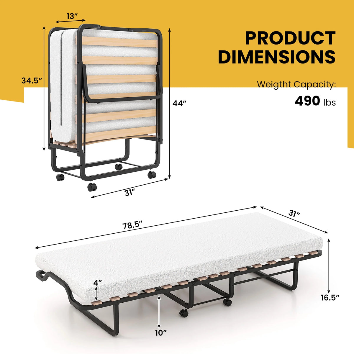 Gymax Portable Foldable Guest Bed w/ Solid Wood Slats & Metal Frame Rollaway Bed for Adults w/ Wheel
