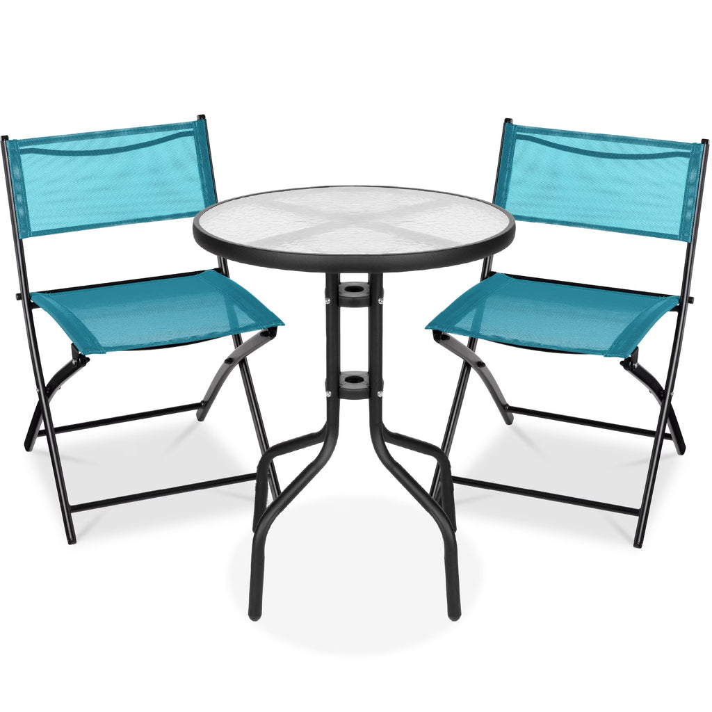 Best Choice Products 3-Piece Patio Bistro Dining Furniture Set w/ Glass Tabletop, Folding Chairs - Gray