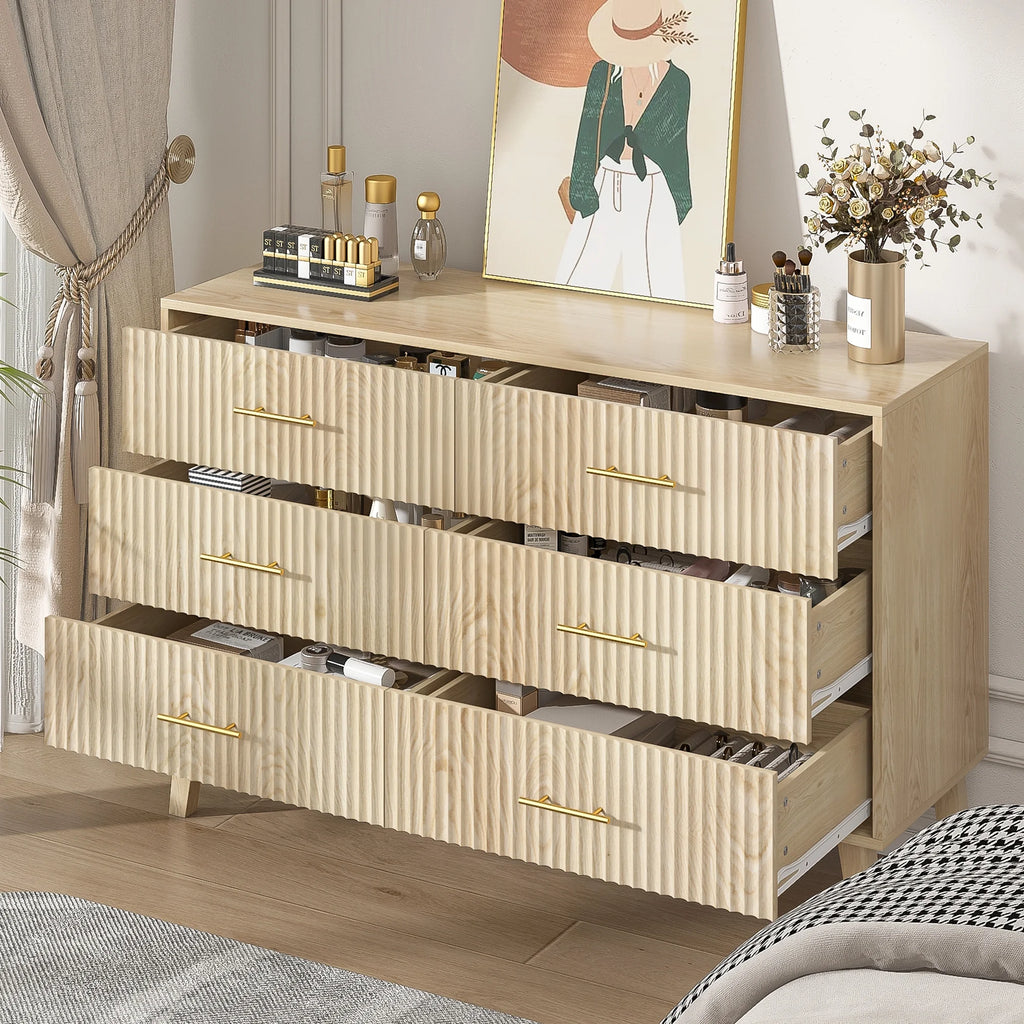 Fluted 6 Drawers Dresser, Wide Modern Chest of Drawers, 6 Drawer Double Dresser