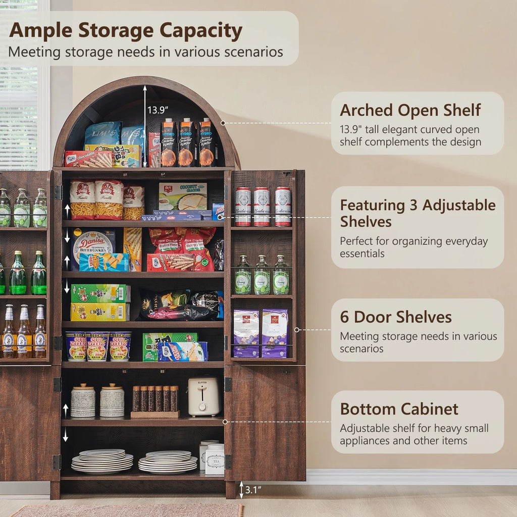 SinCiDo Arched Kitchen Pantry Storage Cabinet, 71-Inch Tall Wood Adjustable Shelves, 2 Doors, 2 Drawers