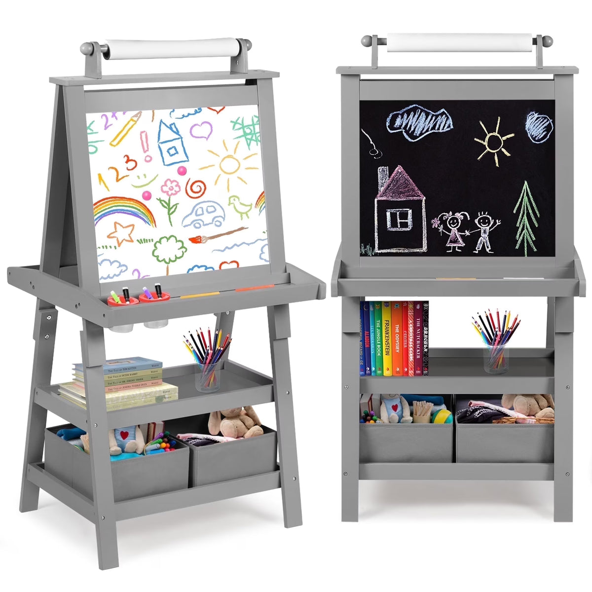 LINLUX 3 in 1 Art Easel for Kid, Whiteboard for Kid with Stand, Magnetic Chalkboard Pizarra, Grey