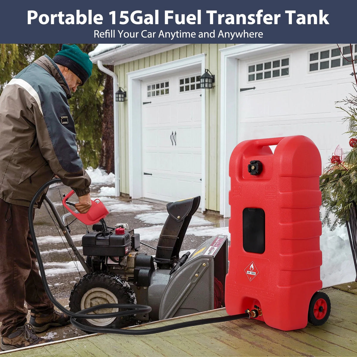 15 Gallon Fuel Caddy, Portable Gas Fuel Tank Container with LE Fluid Transfer Siphon Pump and 10ft. Delivery Hose, Diesel Storage Can On-Wheels for Cars, Lawn Mowers, ATVs, Boats, Gray