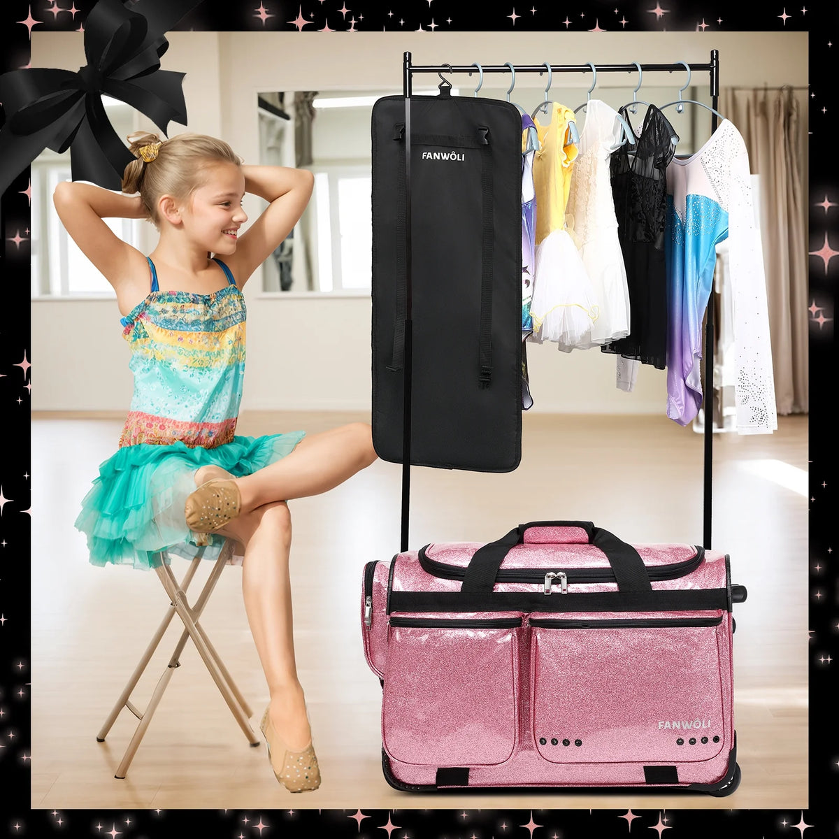Dance Bag with Garment Rack,23"Glitter Rolling Dance Competition Bag with Organizer Bag, Collapsible Dance Travel Bag Suitcase for Dancers Performer Artist,Pink