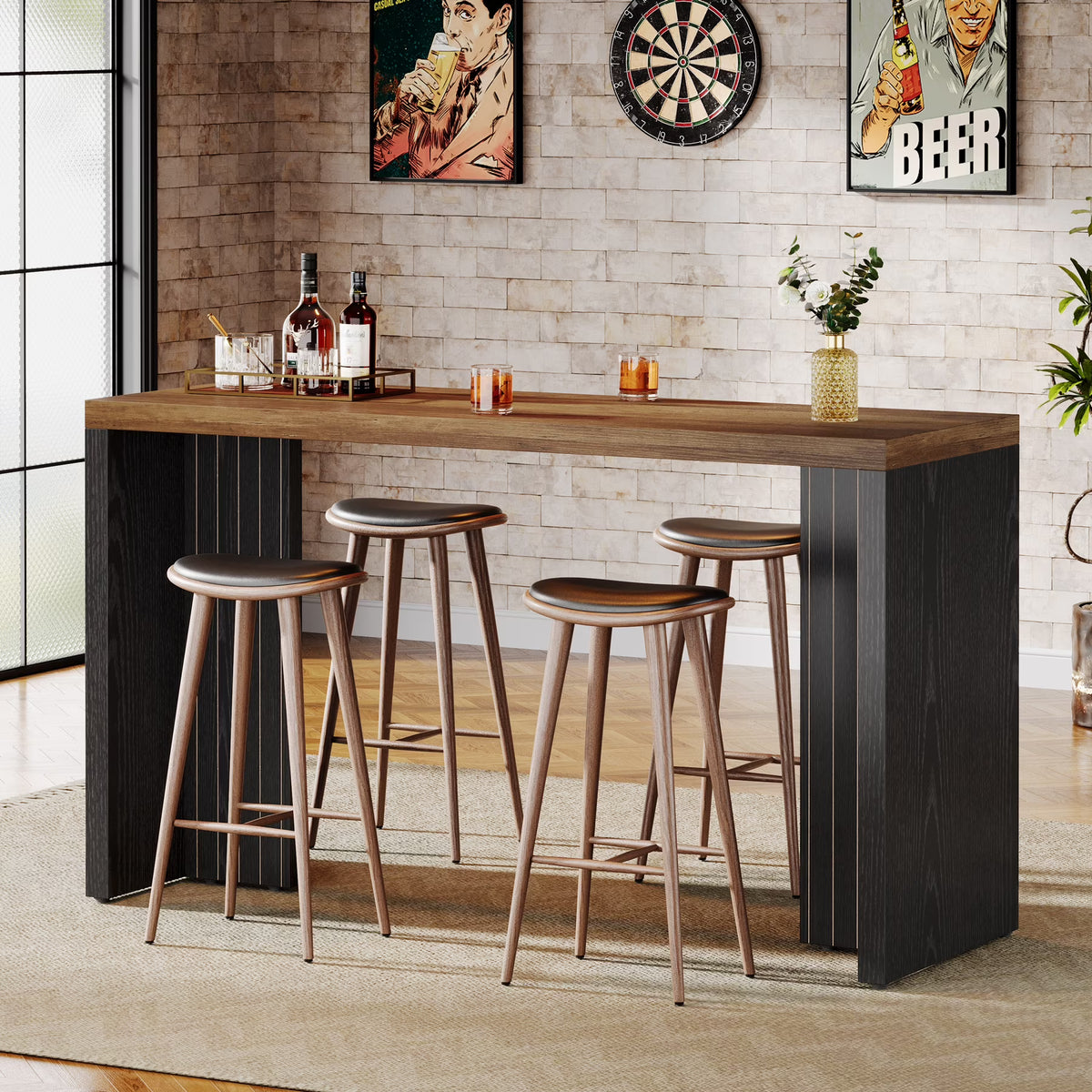 Tribesigns 55.12-Inch Bar Table, Home Bar Unit with a Faux Marble Finished Tabletop, Modern Freestanding Mini Bar for Home Kitchen, Living Room, Balcony, Basement, Walnut & White
