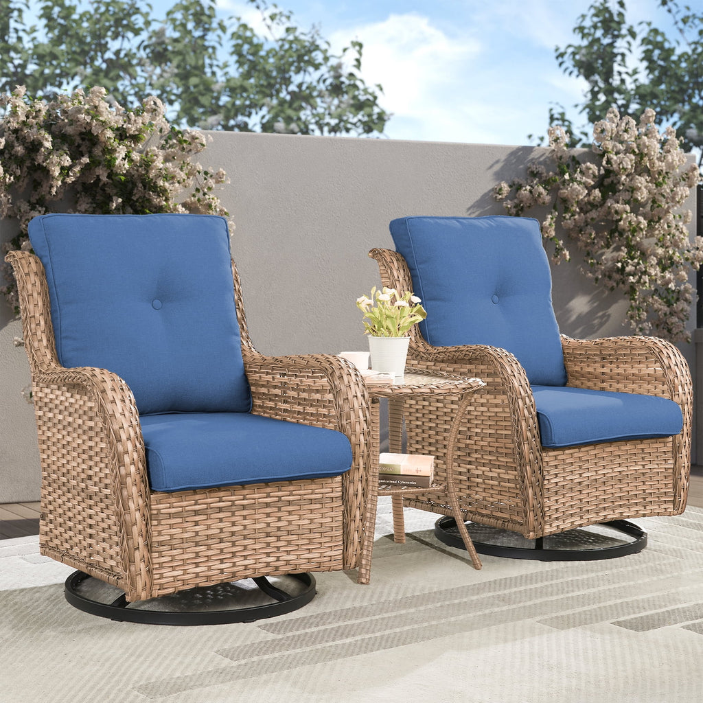 POCASSY 3 Piece Patio Set Outdoor Wicker Glider Rocking and Swivel Chairs with Cushions