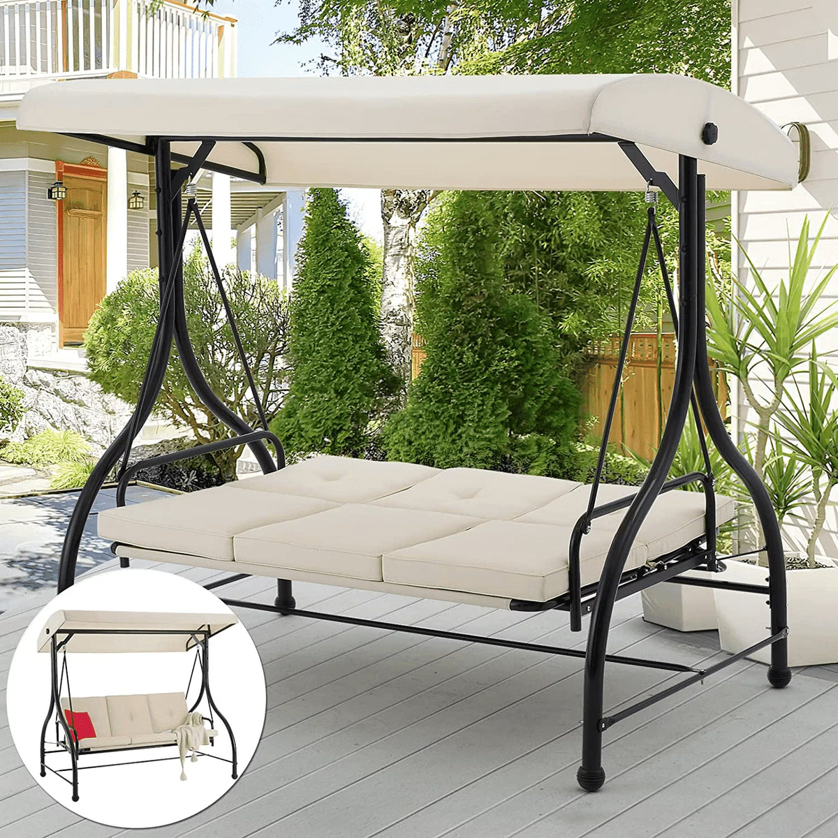 AECOJOY 3 Person Canopy Steel Porch Swing, Converting Swing Glider Hammock-Beige