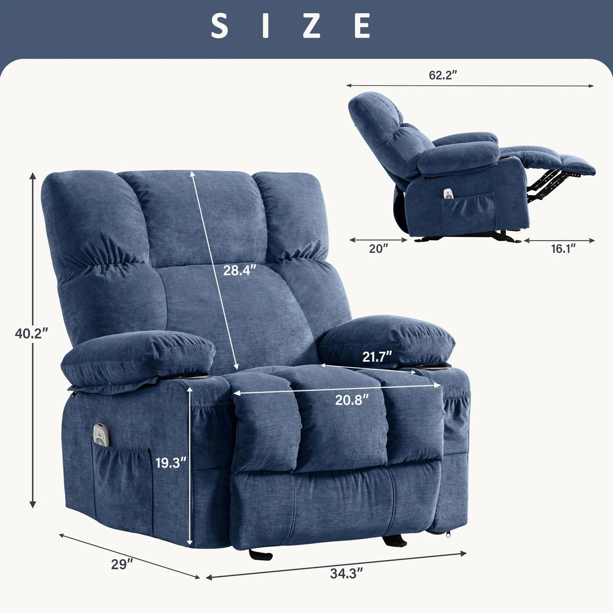 JONPONY Manual Recliner Chair with Heat Therapy and Massage Function, Heavy Duty Reclining Mechanism Massage Chair, Elderly Single Rocker Sofa with Cup Holders for Bedroom Home Theater,Grey