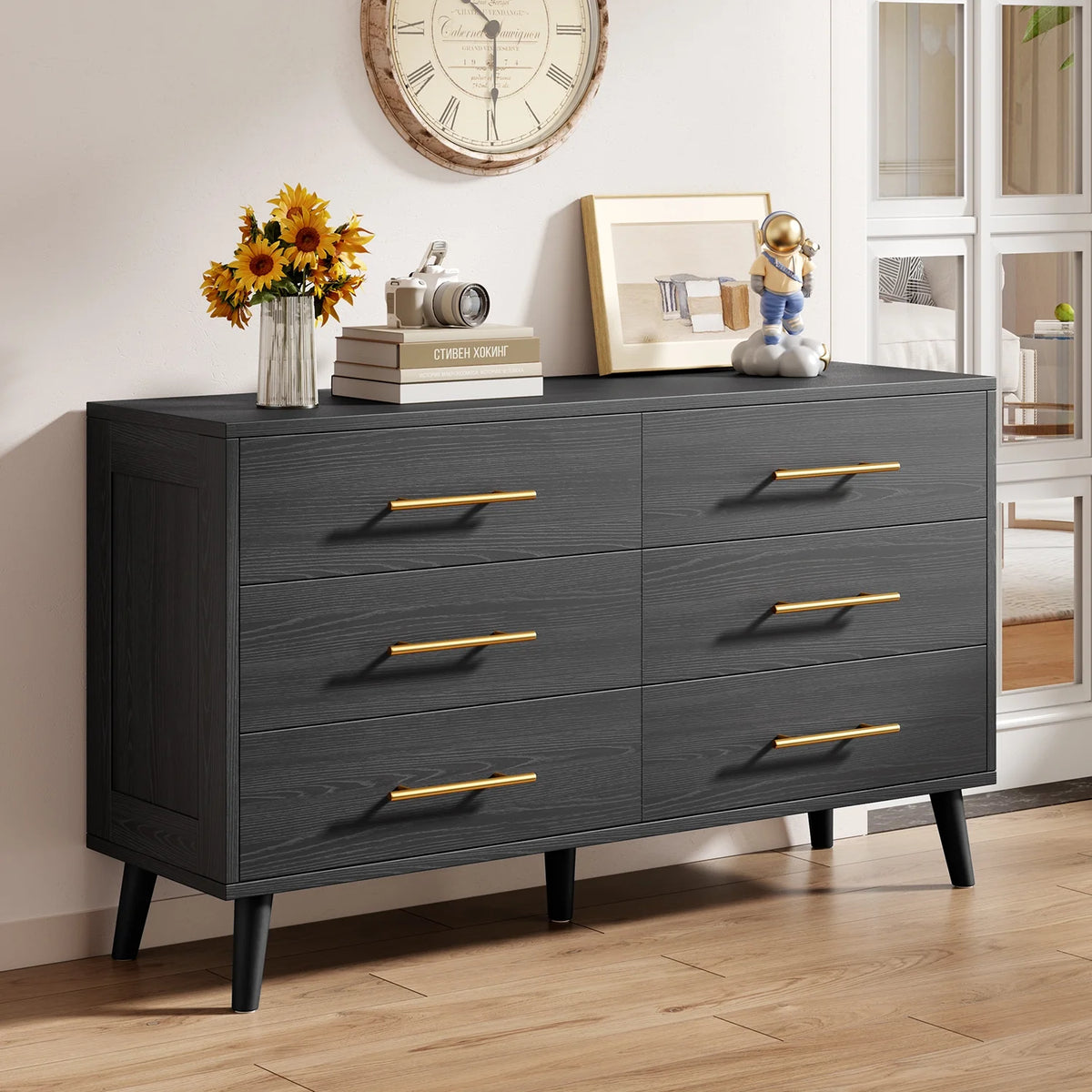 Bedroom Furniture Set - Includes Queen Bed Frame, Nightstands Set of 2, 5-Drawer Dresser & Double Wide 6-Drawer Dresser - Modern Storage Solution for Stylish Home Decor, Black