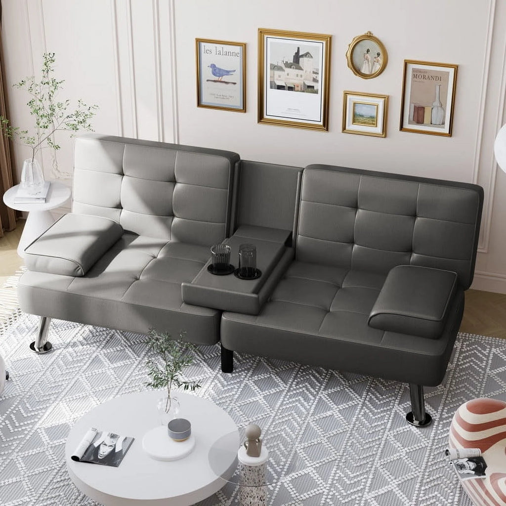 Furmax Futon Sofa Bed Convertible Folding Faux Leather Couch with 2 Cup Holders,Black