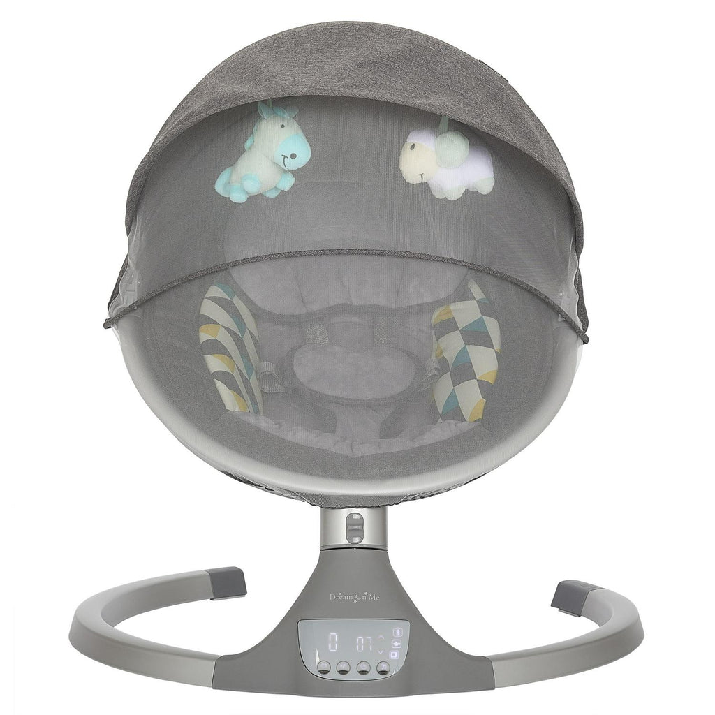Dream On Me Zazu Baby Swing. Baby Swing for Infant. 5 - Swinging Speed. Two Attached Toys. Bluetooth Enabled and Remote Control. Grey and Blue