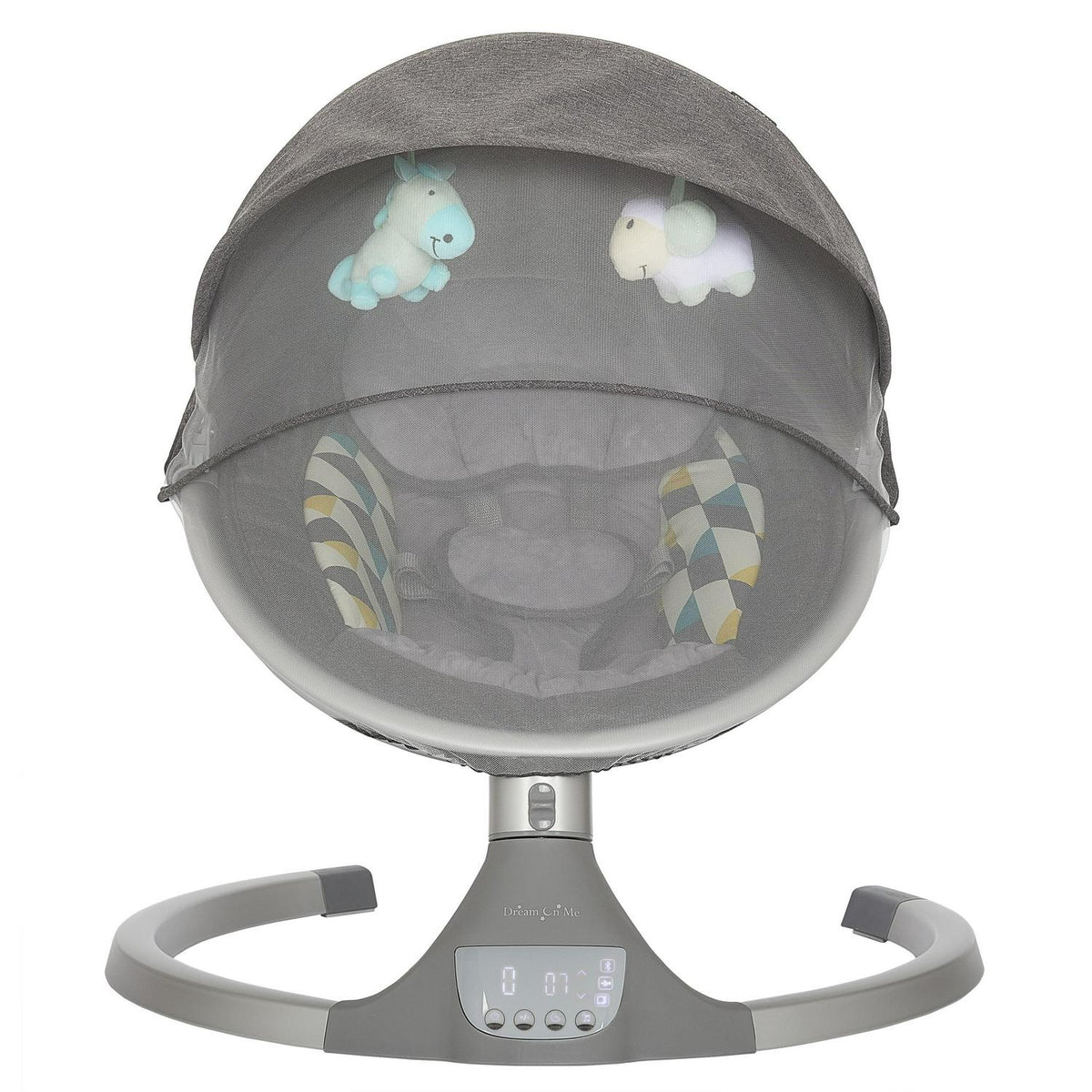 Dream On Me Zazu Baby Swing. Baby Swing for Infant. 5 - Swinging Speed. Two Attached Toys. Bluetooth Enabled and Remote Control. Grey and Blue