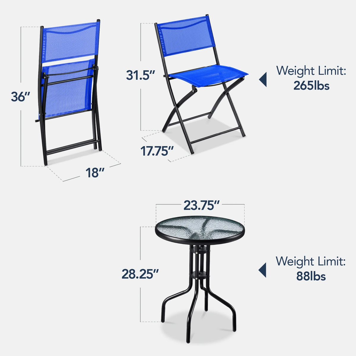 Best Choice Products 3-Piece Patio Bistro Dining Furniture Set w/ Glass Tabletop, Folding Chairs - Gray