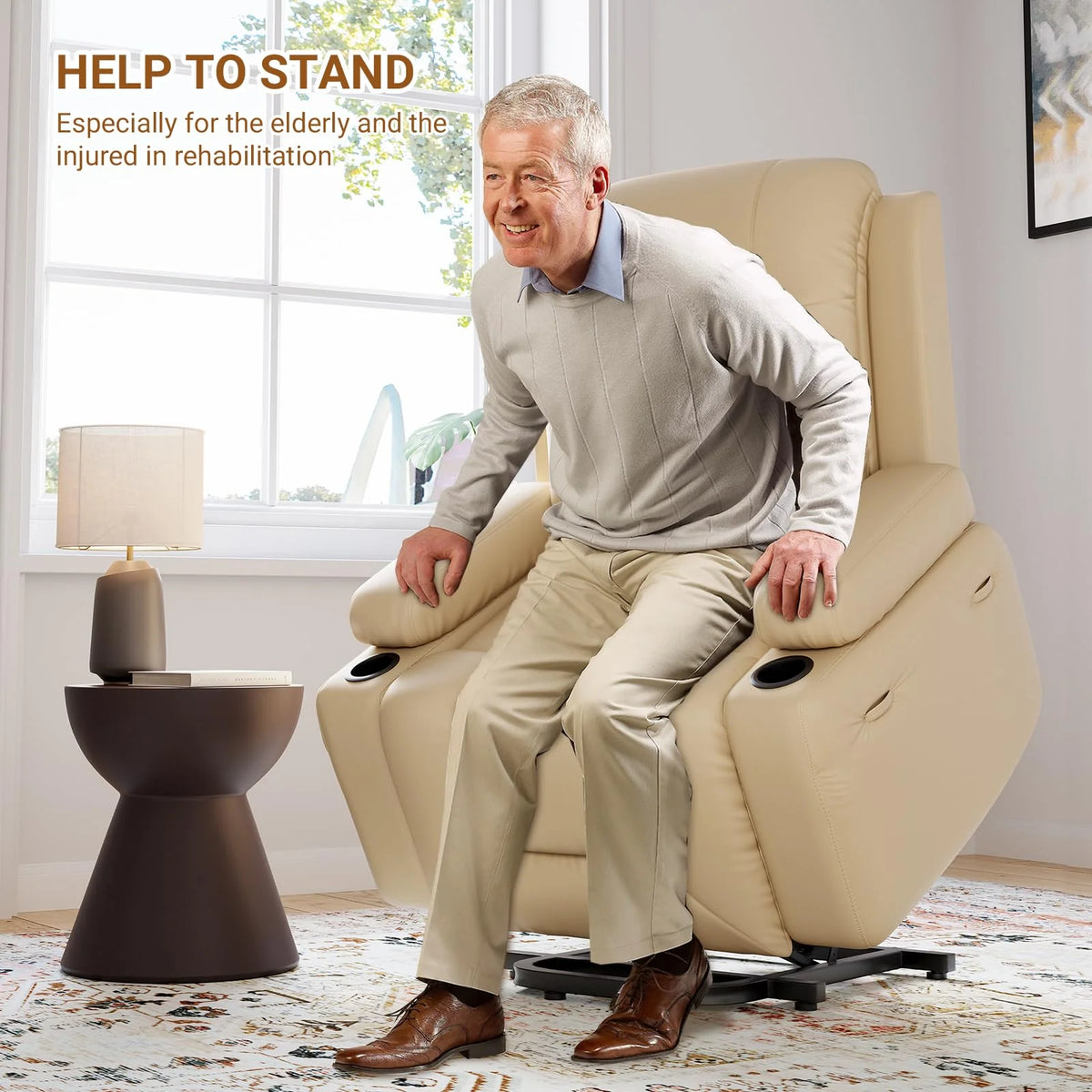 PU Leather Power Lift Recliner Chair With Massage and Heat, Adjustable Furniture for Back, Legs w/ 3 Positions, Usb Port, Side Pocket (Beige, 27 Seat Width+Cup Holders)