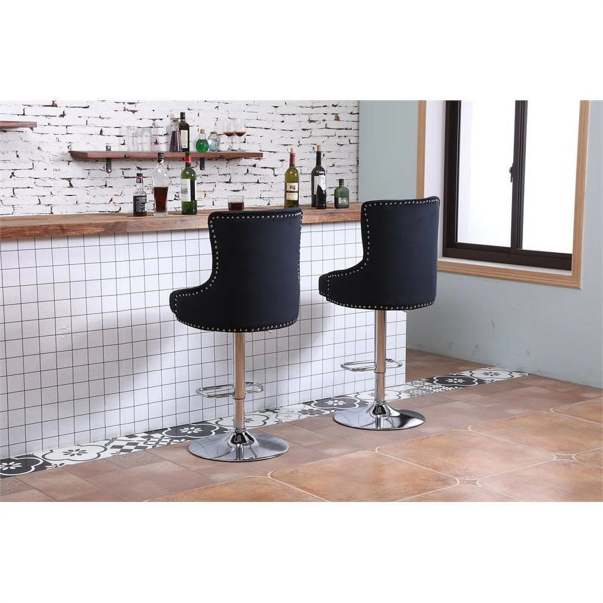 Alexent  2PCS Swivel Bar Stools, High Back, Button Tufted, Silver Footrest and Nailhead Trim Swivel Bar Chairs for Kitchen, Bar Velvet Upholstered Bar Stools, Dark Blue
