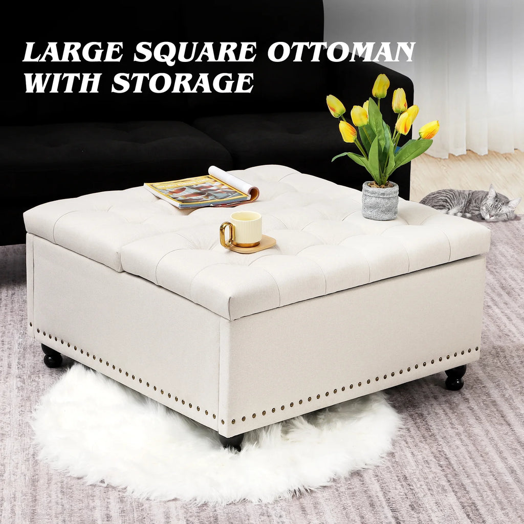 Magic Union 35" Large Square Storage Ottoman, Oversized Square Ottoman with Storage, Tufted Upholstered Ottoman Coffee Table with Lift Top for Living Room (Beige)