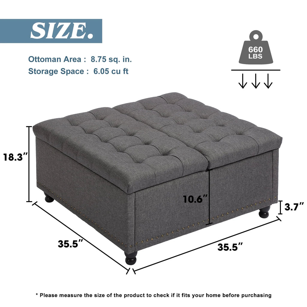 Magic Union 35" Large Square Storage Ottoman, Oversized Square Ottoman with Storage, Tufted Upholstered Ottoman Coffee Table with Lift Top for Living Room (Beige)