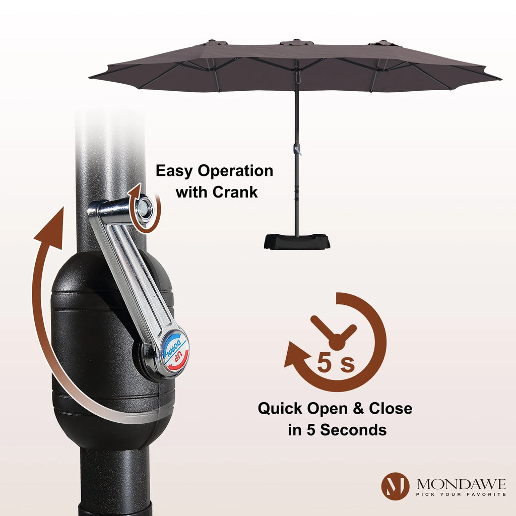 Mondawe 15ft Patio Umbrella Rectangular Outdoor Market Umbrella with Base and LED Lights Beige