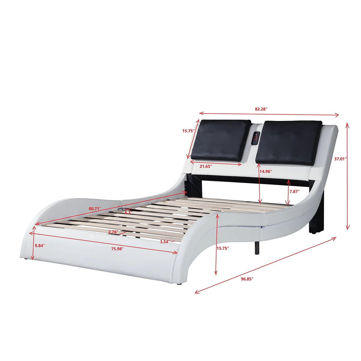 OYang King Size Platform Bed Frame wth LED Light And USB Charging Ports Headboard, Wave-Like Curve Backrest Vibration Massage Upholstered Faux Leather Bed for Home