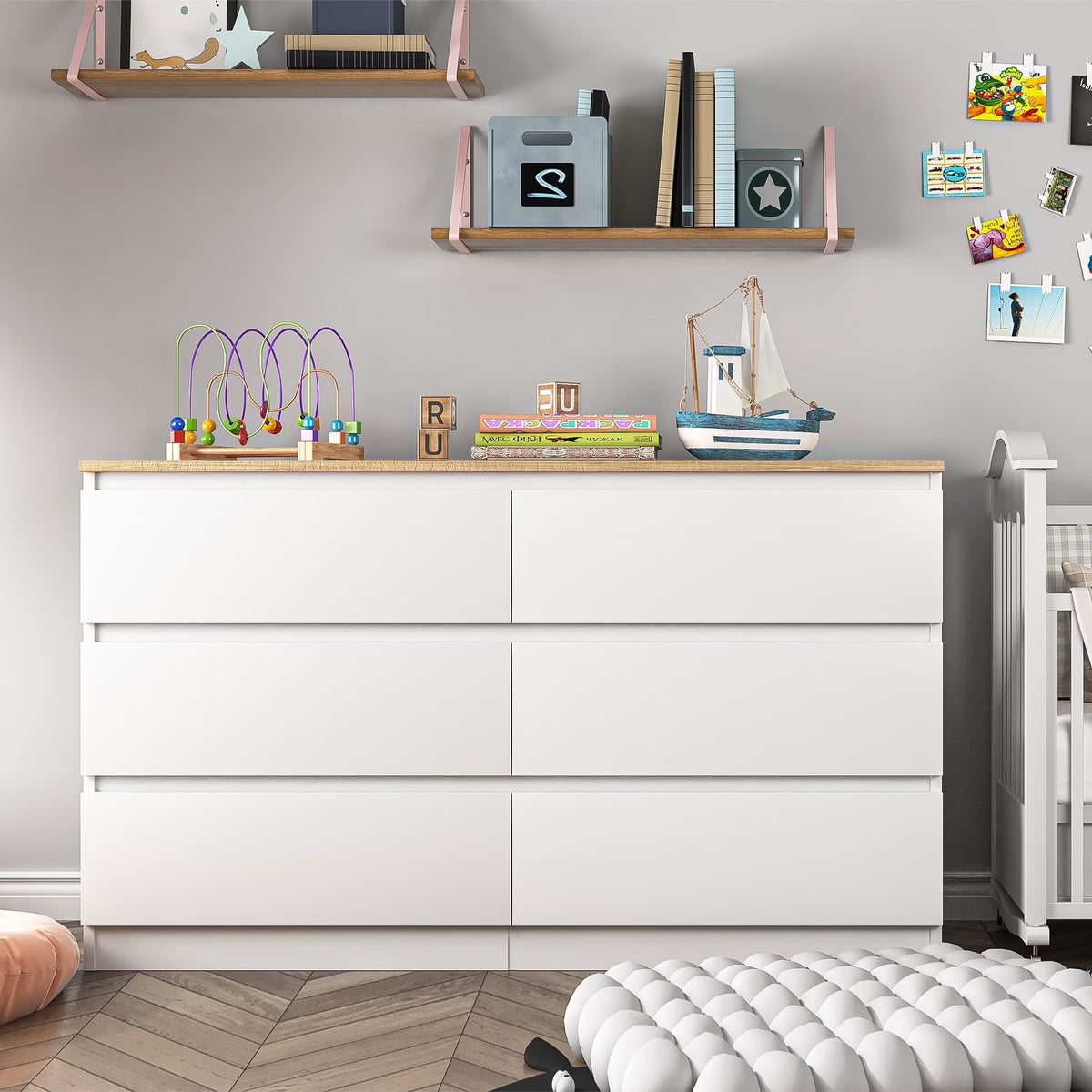 Resenkos Modern Mid Century 6 Drawer Wide Dressers Chests for Bedroom, Chest of Drawer Organizer Grey