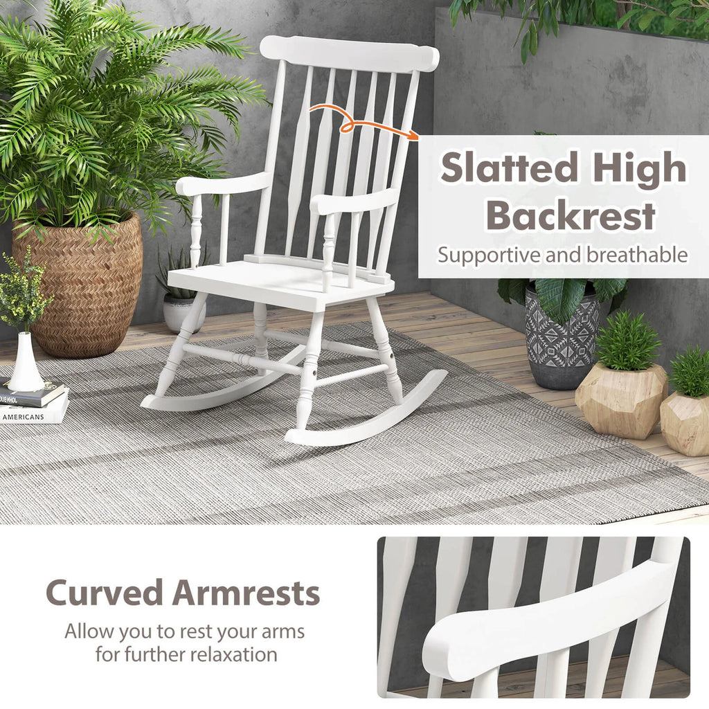 Costway Solid Wood Rocking Chair Porch Rocker Indoor Outdoor Seat Glossy Finish White