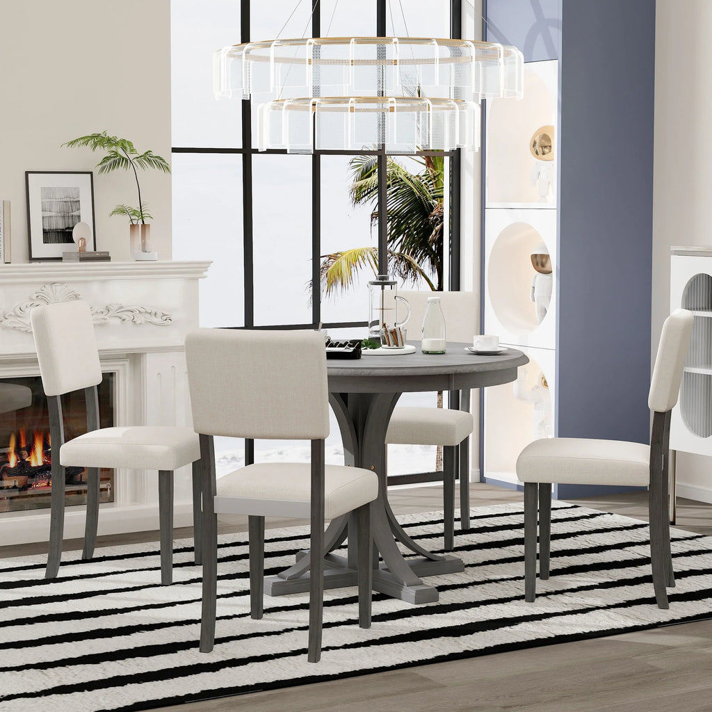 5 Piece Retro Round Dining Table Set with 4 Upholstered Chairs, Wood Dining Table with Curved Trestle Style Legs
