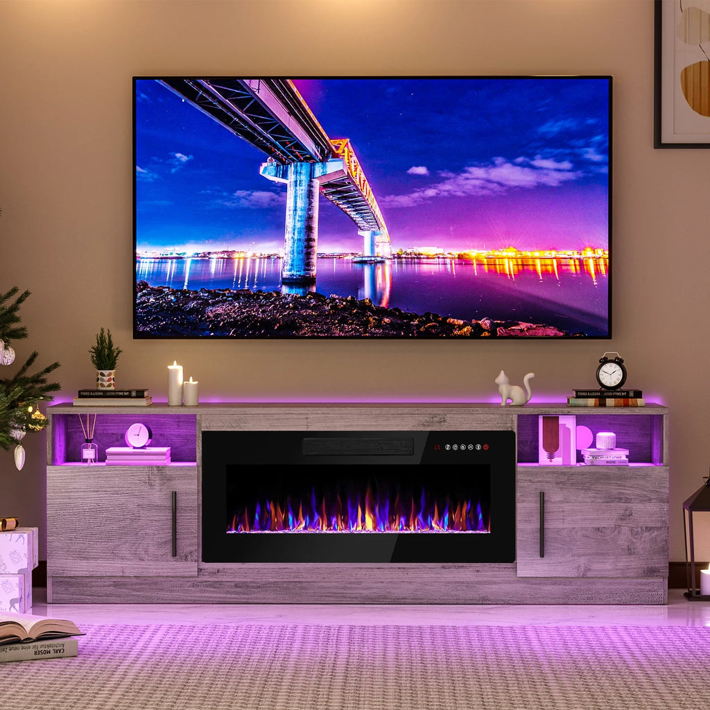 Waleaf Fireplace TV Stand with 18'' Fireplace for TVs up to 65 inch, Two Adjustable Glass Shelves