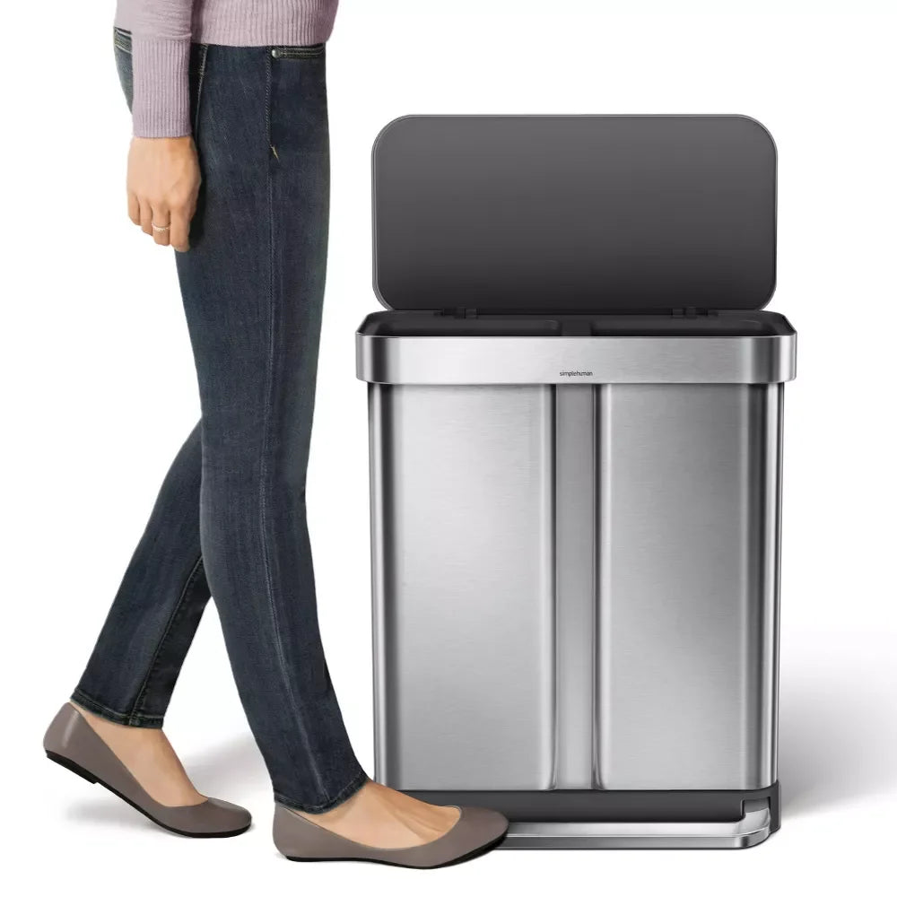 simplehuman 58 Liter / 15.3 Gallon Rectangular Dual Compartment Recycling Step, Brushed Stainless Steel with Soft-Close Plastic Lid Kitchen Trash Can