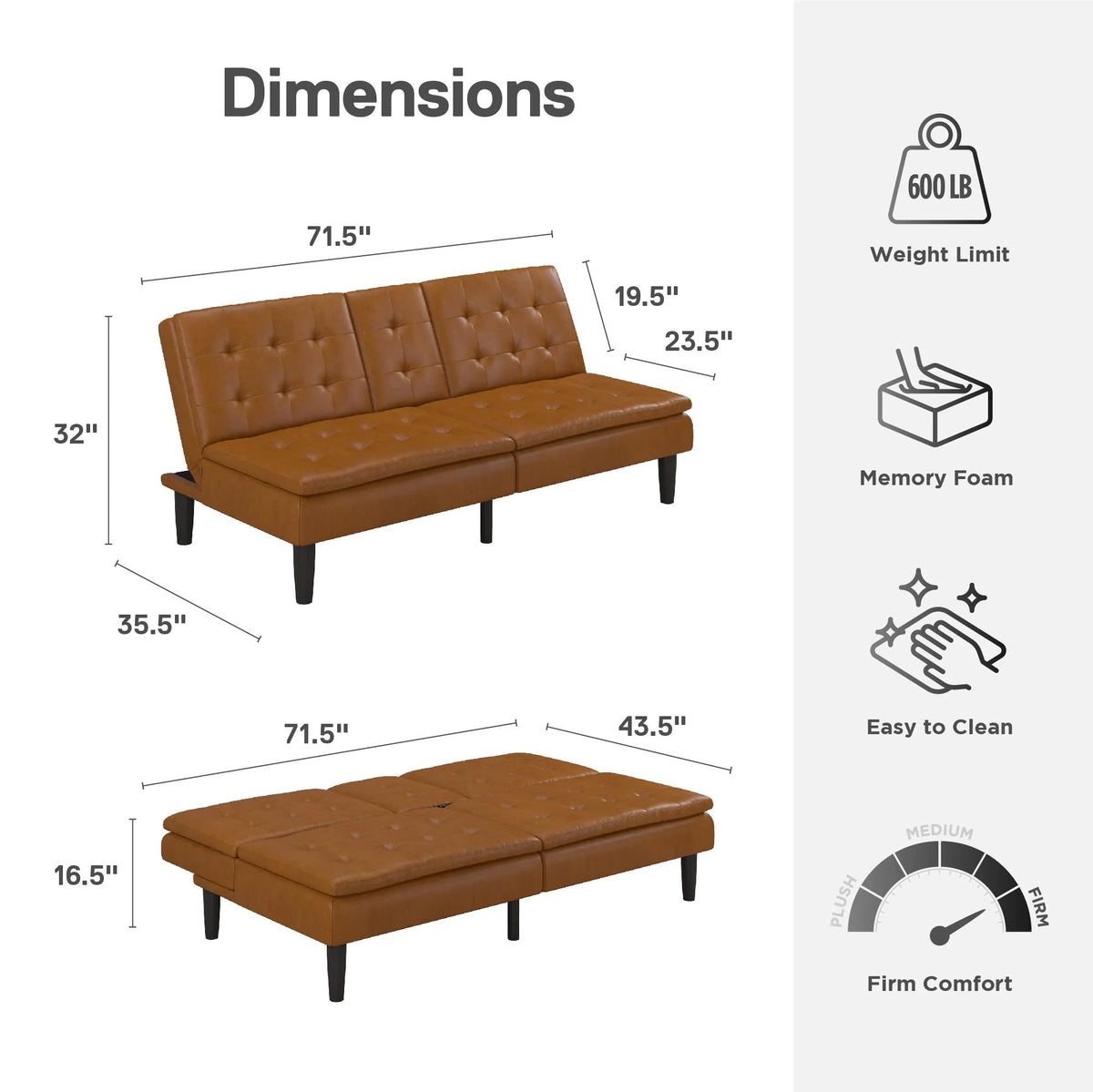 Mainstays Memory Foam 71.5" Futon with Cupholder and USB, Black Faux Leather