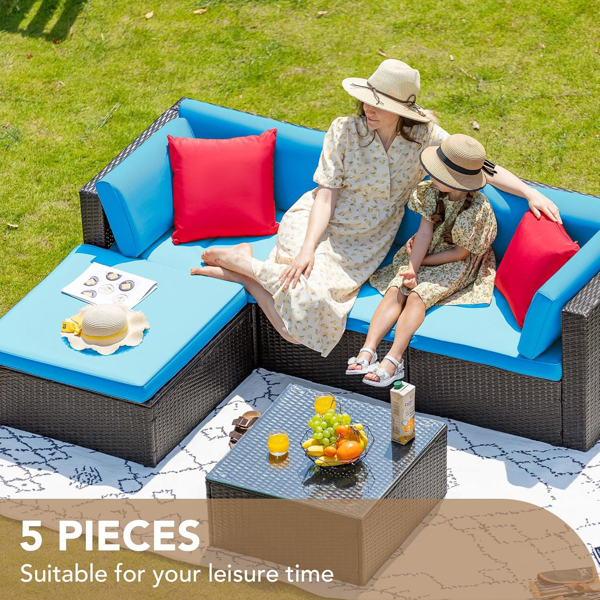 Devoko 5 Pieces Patio Furniture Sets All Weather Outdoor Sectional Patio Sofa Manual Weaving Wicker Rattan Patio Seating Sofas with Cushion and Glass Table(Beige)