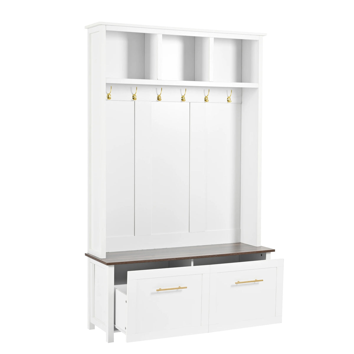 Harper & Bright Designs Farmhouse Hall Tree with Bench and Shoe Storage, Mudroom Bench with Coat Rack and Adjustable Shelves for Hallway, Living Room, White