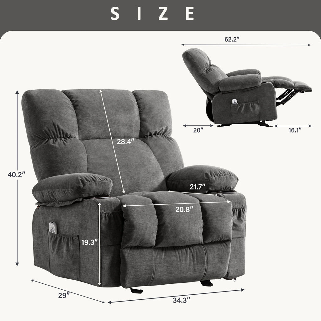 JONPONY Manual Recliner Chair with Heat Therapy and Massage Function, Heavy Duty Reclining Mechanism Massage Chair, Elderly Single Rocker Sofa with Cup Holders for Bedroom Home Theater,Grey