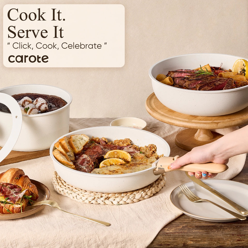 Carote 21 Pcs Nonstick Cookware Set, Pots and Pans Set with Detachable Handles, Oven/Dishwasher Safe, Stackable Kitchen Cooking Set, White Granite.