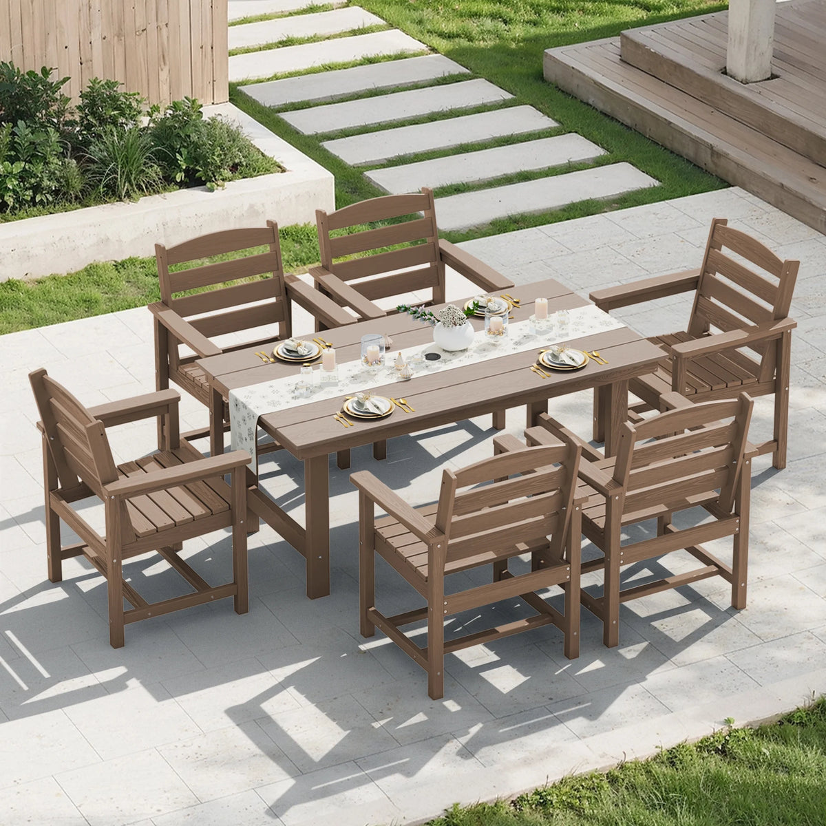 KINGYES 7-Piece Outdoor Dining Set, HDPE Patio Table and Chairs with Umbrella Hole, Gray