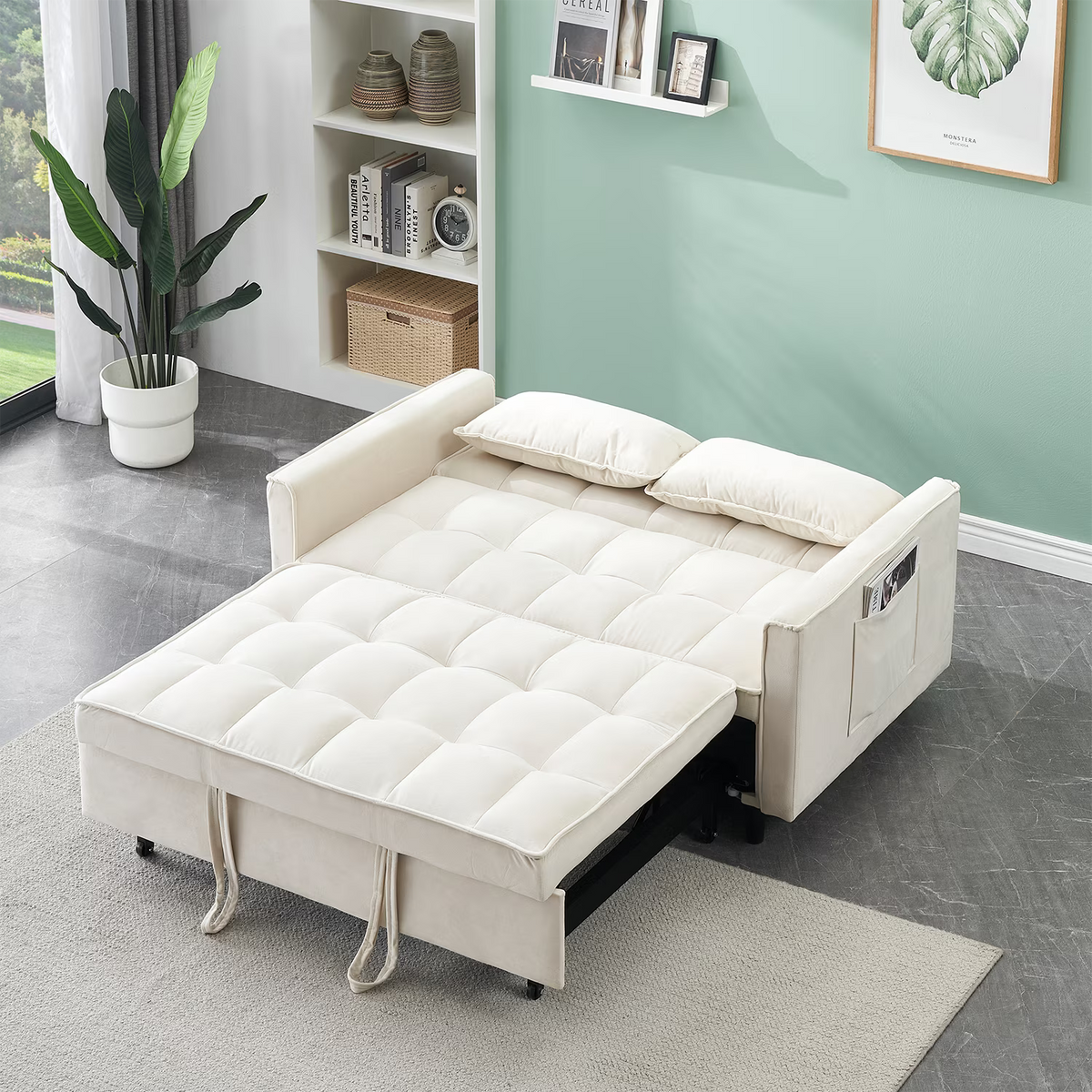 Adjustable Back Velvet Futon Sofa Bed, Modern Convertible Couples Sleeper with Side Pockets, Fold Down Couch for Living Room, Apartment,Blue