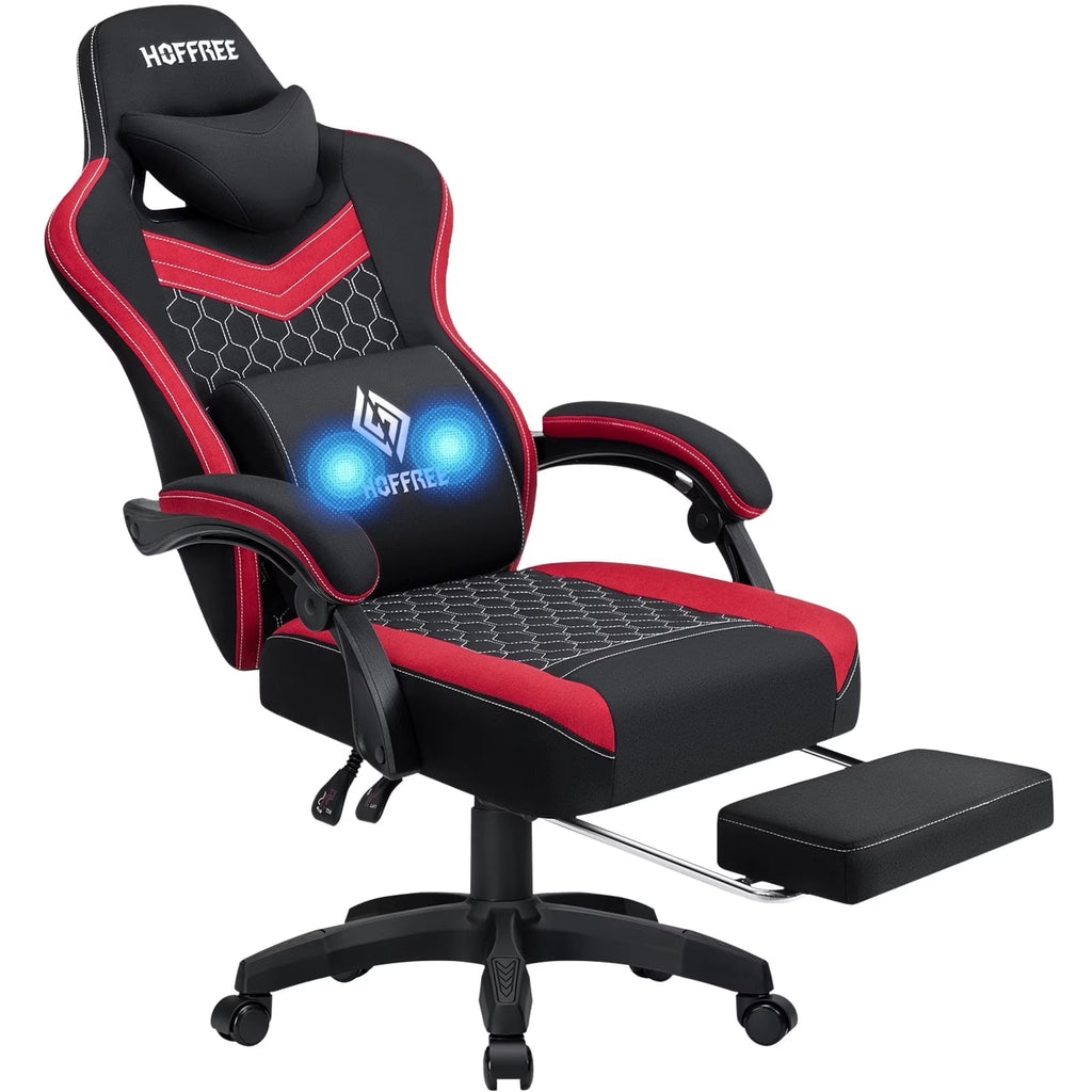 Hoffree Gaming Chair with Massage Fabric Office Chair with footrest for Adults, Ergonomic Gamer Chair with Headrest and Lumbar Support for Office Gaming, 440 LBS