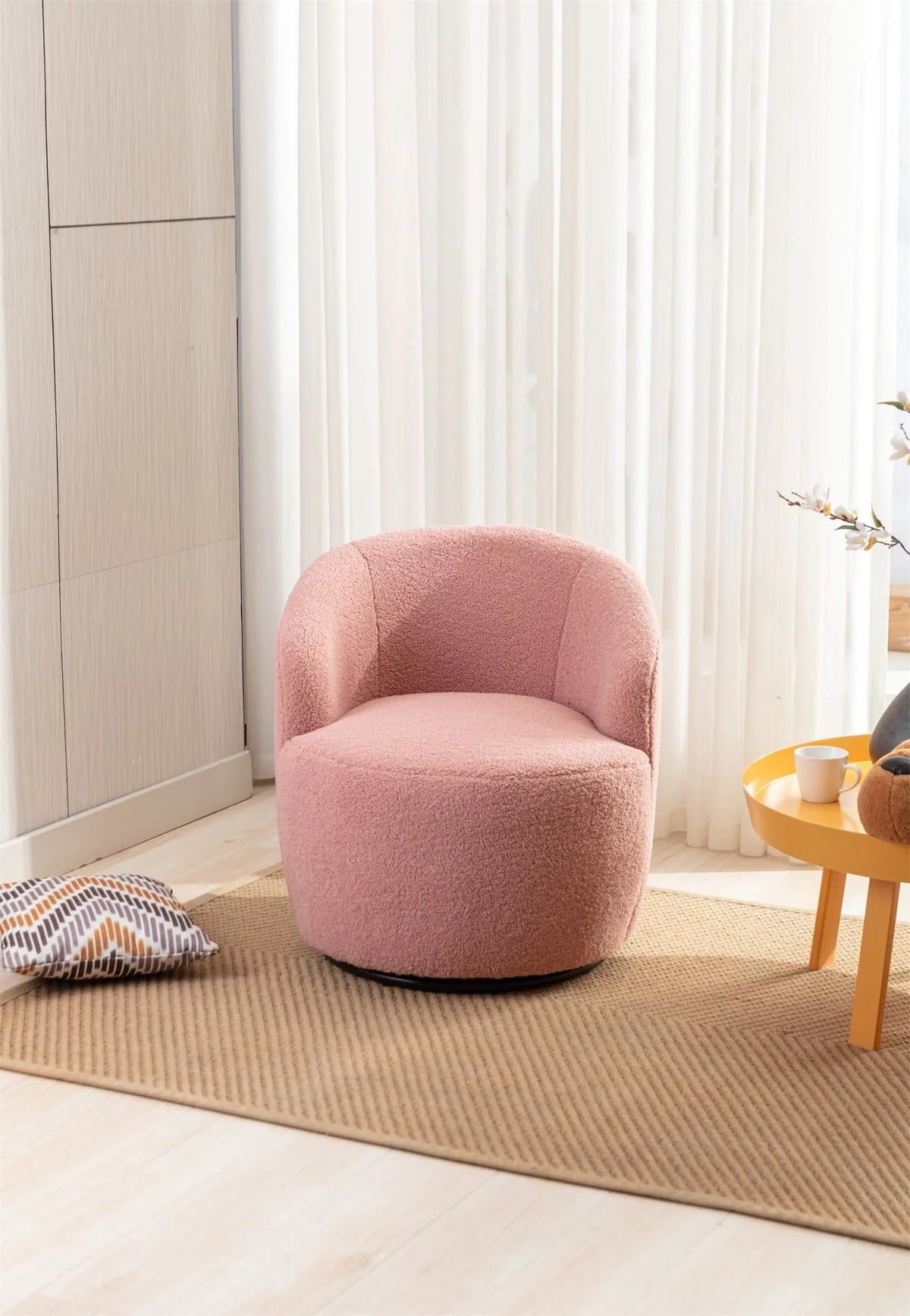 Swivel Accent Chair,Modern 360°Swivel Barrel Chair Leisure Chair,Accent Round Barrel Chair Reading Chair,Round Bucket Arm Chair with Comfy Tufted Back for Living Room Bedroom,Light Pink