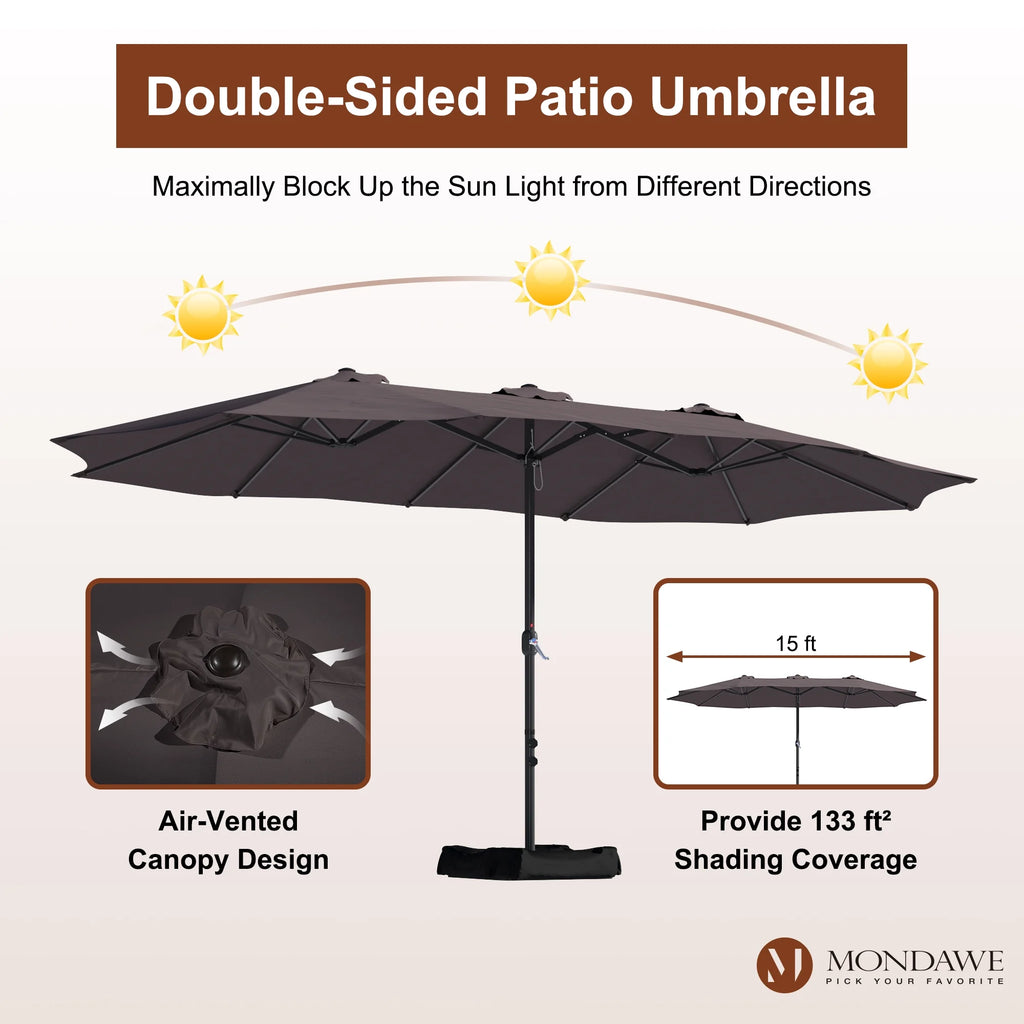 Mondawe 15ft Patio Umbrella Rectangular Outdoor Market Umbrella with Base and LED Lights Beige