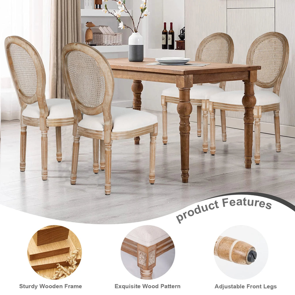 French Dining Chairs Set of 2 Beige Natural Fabric Round Back with Solid Wood Legs and Frame for Bedroom Dining Room Kitchen