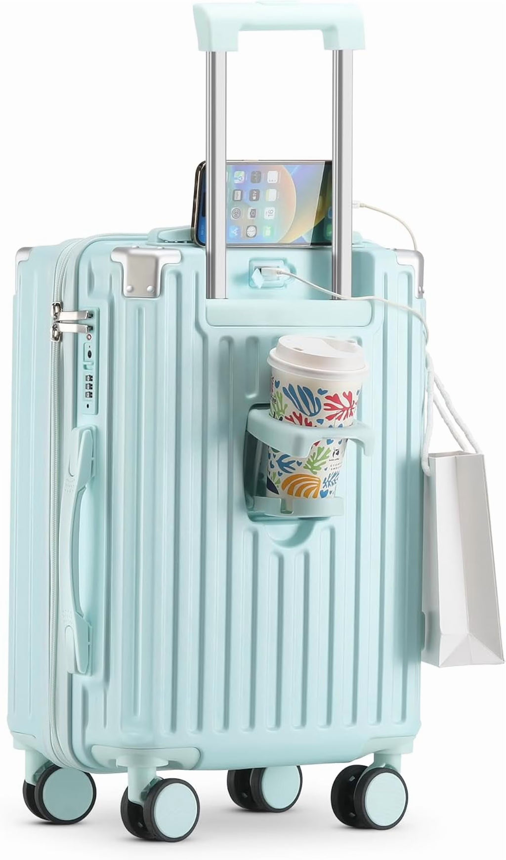 20 Inch Carry On Luggage With Cup Holder & USB Port, Airline Approved TSA-locked Luggage, Lightweight PC Material Travel Suitcase With 360�� Spinner Wheel