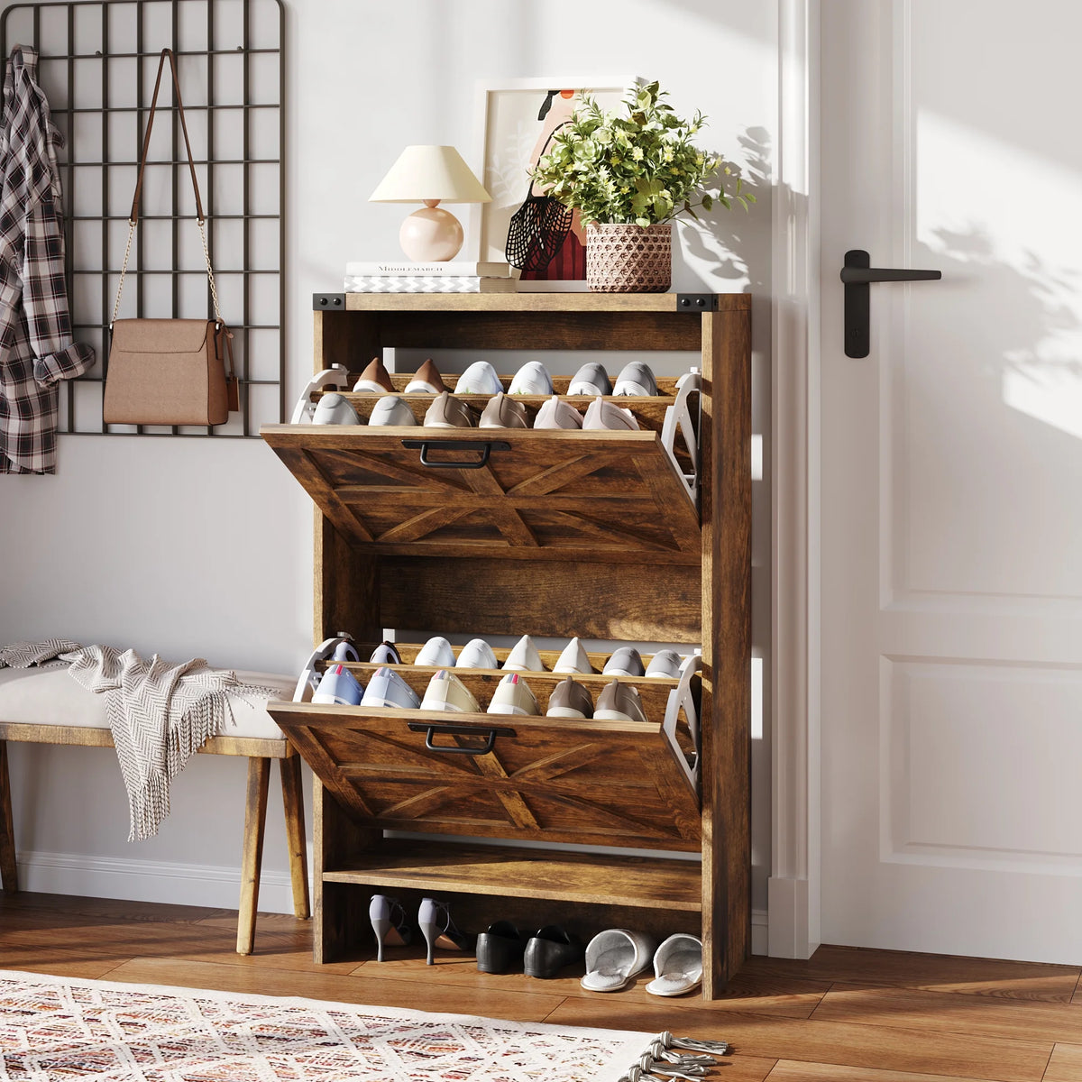 VEANERWOOD Shoes Storage Cabinet With Doors, Farmhouse Shoe Cabinet With 2 Flip Drawers For Entryway,Gray