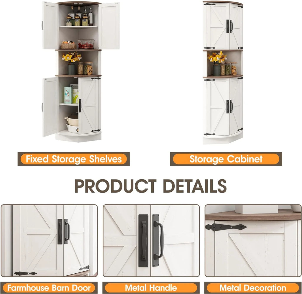 Vabches Farmhouse 64.8'' Tall Corner Cabinet with 4 Doors and 5 Storage Shelves for Kitchen, Living Room, White