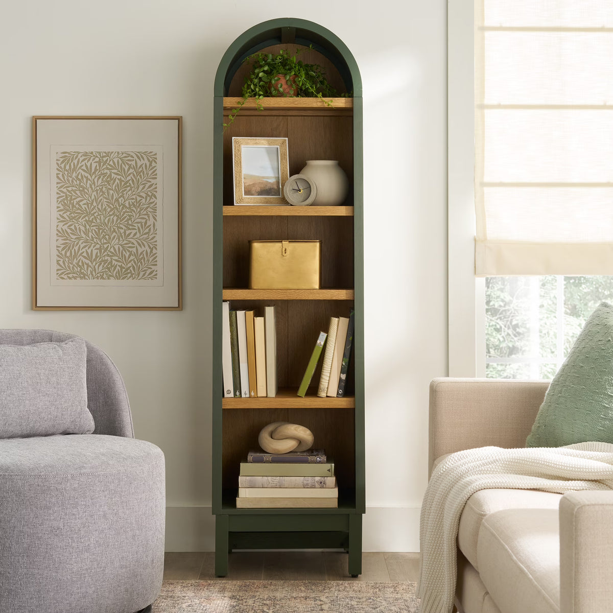 Better Homes & Gardens Juliet Narrow Arch Bookcase, Deep Green and Light Honey